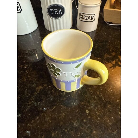 Hand-Painted Floral Ceramic Mug Yellow & Purple Stripes With Green Flower Design - Picture 4 of 5